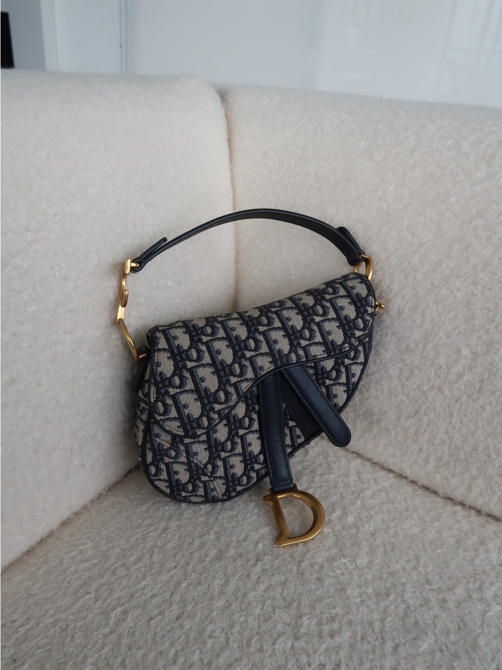 Dior Navy & Beige Saddle Shoulder Bag with Gold 'D' Charm